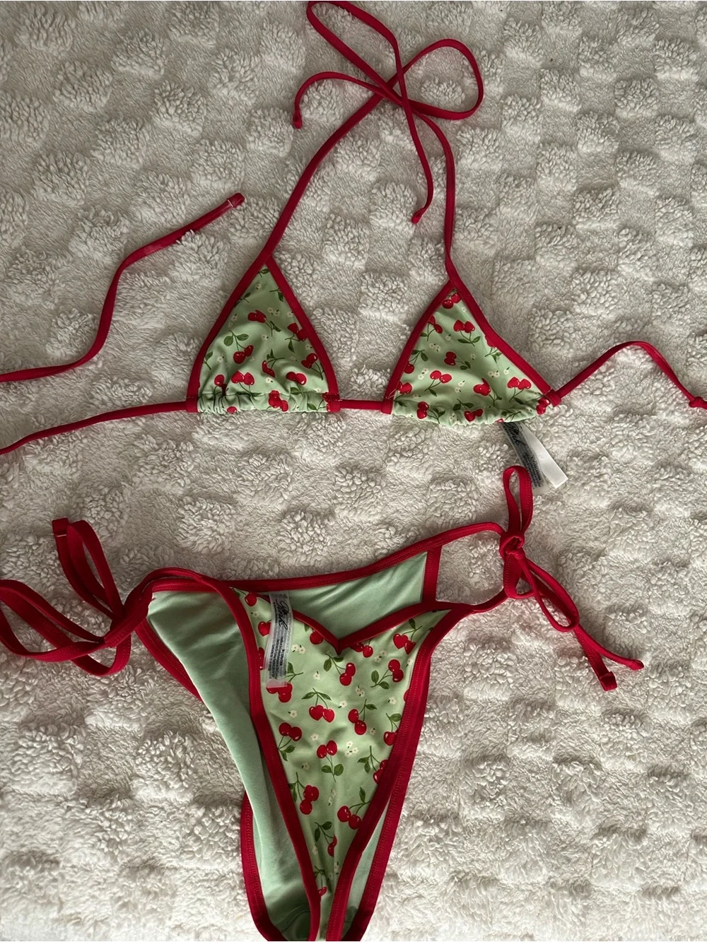 Frankie's Bikinis Cherry Print Triangle Bikini in Mint and Red SMALL